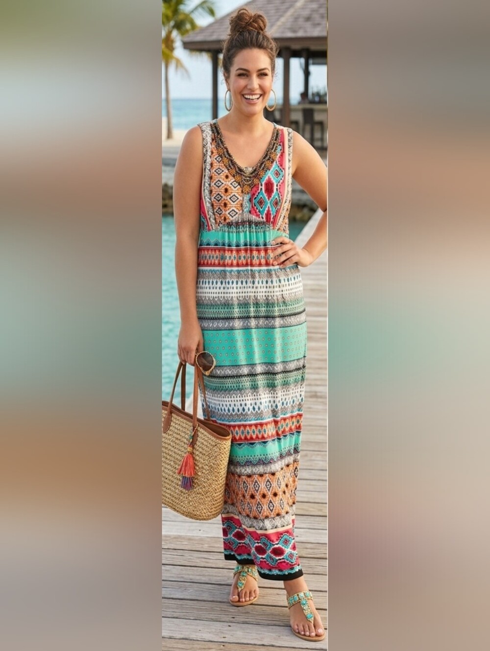 Chico's Multicolor Beaded V-Neck Stretch Rayon Maxi Dress Chico's 3/XL/16